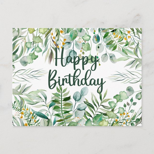 Happy Birthday Eucalyptus Leaves and Green Plants  Postcard (Front)