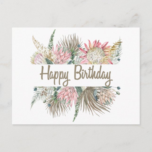 Happy Birthday  Exotic Watercolor Flowers, Leave Postcard (Front)