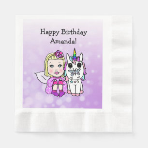 Happy Birthday Fairy and Unicorn Girls Party Napkin