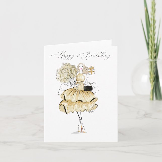 Happy Birthday Fashion Illustration in Gold Thank You Card (Front)