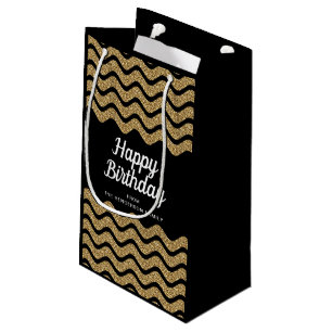 Happy Birthday Faux Gold Glitter Black Stripes Small Gift Bag