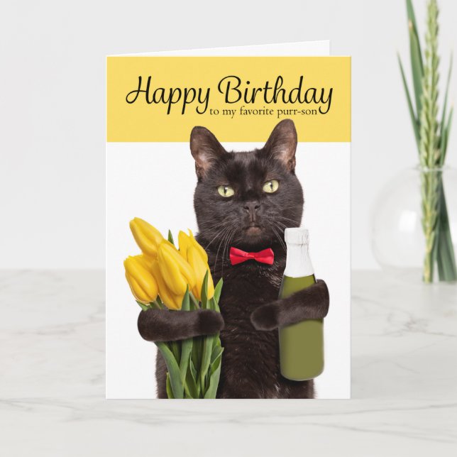 Happy Birthday Favourite PURRson Cat with Gifts Ho Holiday Card (Front)