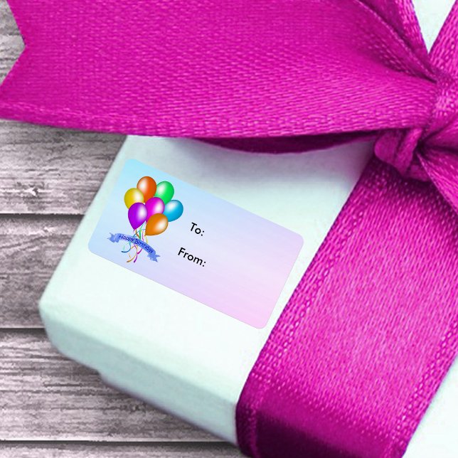Happy Birthday Festive Balloons Multiple Colours Label (Colourful balloons and streamers on Happy Birthday blue and pink gift tag stickers.)