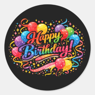 Happy Birthday Festive Rainbow Balloons Confetti Classic Round Sticker