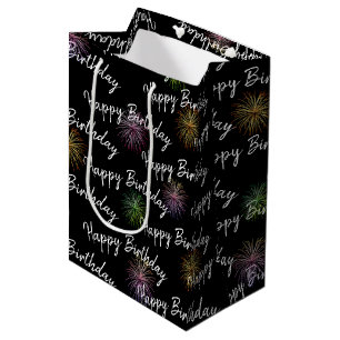 Happy Birthday fireworks on black Medium Gift Bag