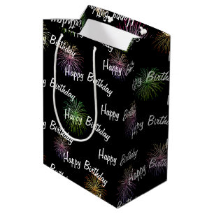 Happy Birthday fireworks on black Medium Gift Bag
