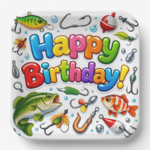 Happy Birthday Fish, Lures and Hooks Paper Plate