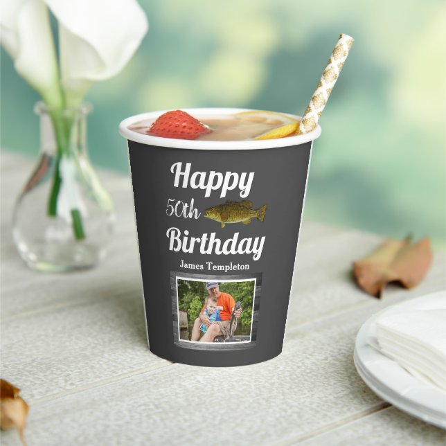 Happy Birthday Fishing Photo Name Father Men's Paper Cups (Insitu)