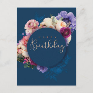 Happy birthday fleurs bleu postcard
