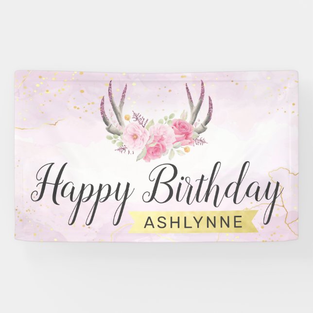 Happy Birthday Floral Antlers Blush Pink & Gold Banner (Horizontal)