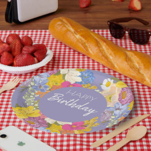 Happy Birthday Floral Blooms Paper Plate