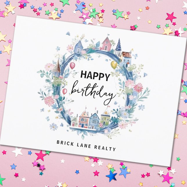 Happy Birthday Floral House Wreath Real Estate   Postcard (Happy Birthday Real Estate Postcard)