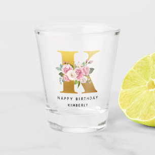Happy Birthday Floral Monogram K Personalised Name Shot Glass
