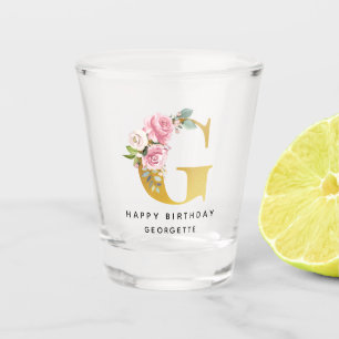 Happy Birthday Floral Monogram Personalised Name Shot Glass