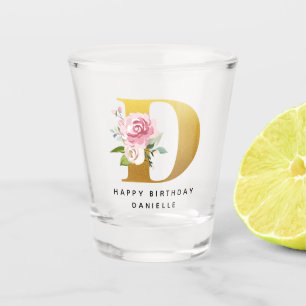 Happy Birthday Floral Monogram Personalised Name Shot Glass
