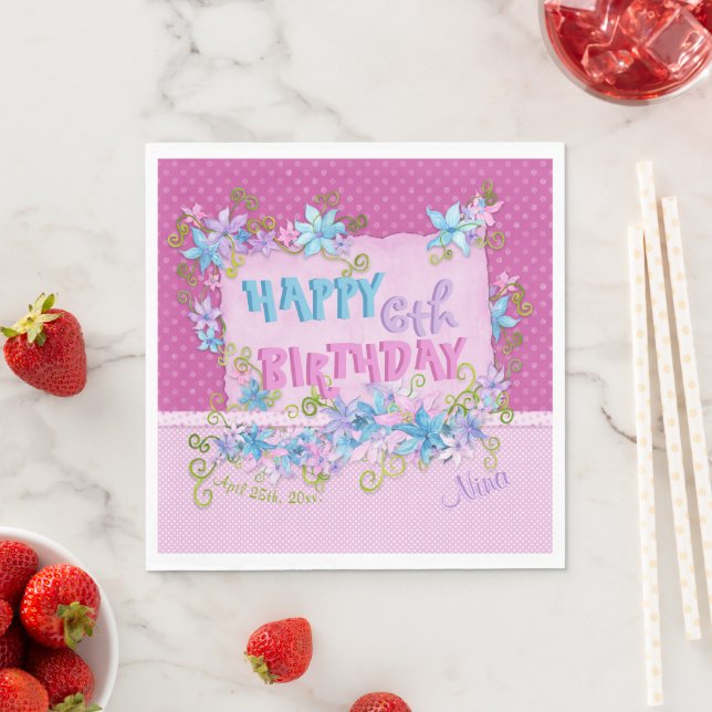 Happy Birthday Floral Pink Purple Polka Dots Napkin (Insitu)