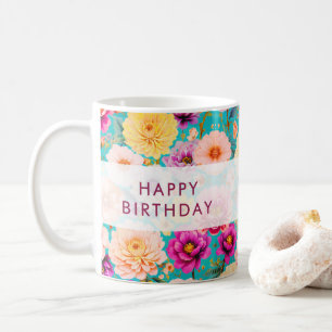 Happy Birthday Floral Pretty Keepsake Custom Name Coffee Mug