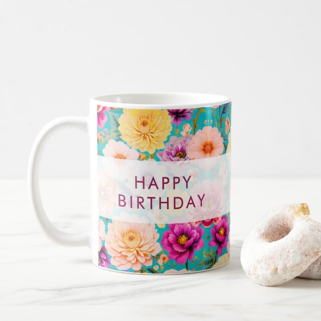Happy Birthday Floral Pretty Keepsake Custom Name Coffee Mug (With Donut)