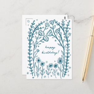 Happy Birthday Floral Whimsical Sketch Doodle Postcard
