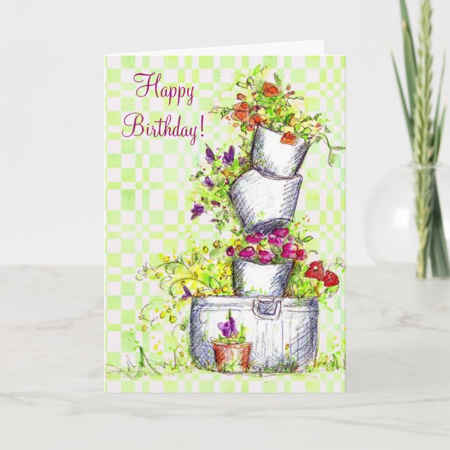 Happy Birthday Flower Bucket Cottage Garden Art Card (Front)