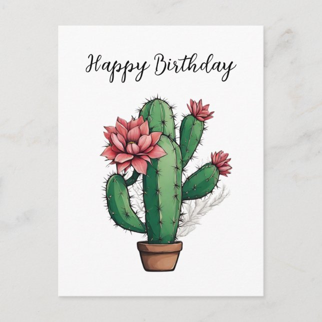 Happy Birthday Flowering Cactus Plant  Postcard (Front)