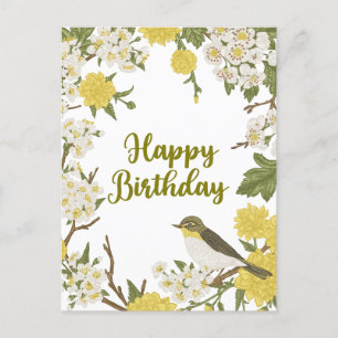 Happy Birthday Flowers and Bird Nature Botanical Postcard