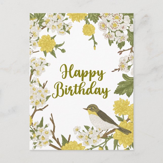 Happy Birthday Flowers and Bird Nature Botanical  Postcard (Front)