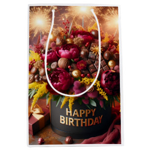 Happy Birthday, flowers and chocolate, by Natasha  Medium Gift Bag