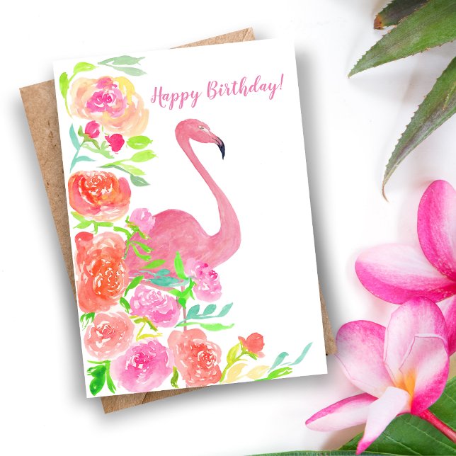 Happy Birthday Flowers And Flamingo Card (Tropical Elegance: A Stunning Watercolor Birthday Card for Artistic Souls.)