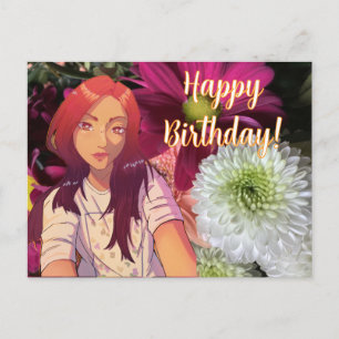 Happy birthday flowers. anime postcard