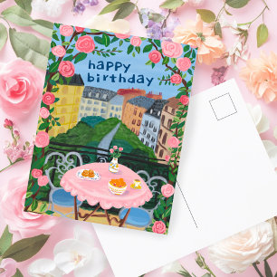 HAPPY BIRTHDAY Flowers Terrace Tea Time Paris Postcard