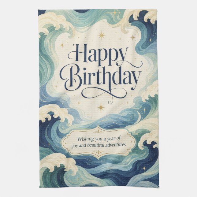 Happy Birthday Flowing Ocean Waves Tea Towel (Vertical)