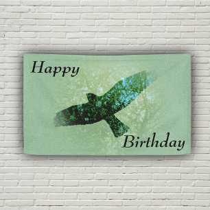 Happy Birthday Flying Black Crow Trees Green Banner