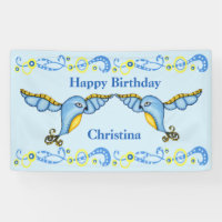 Happy Birthday Flying Fantasy Ornate Bluebirds