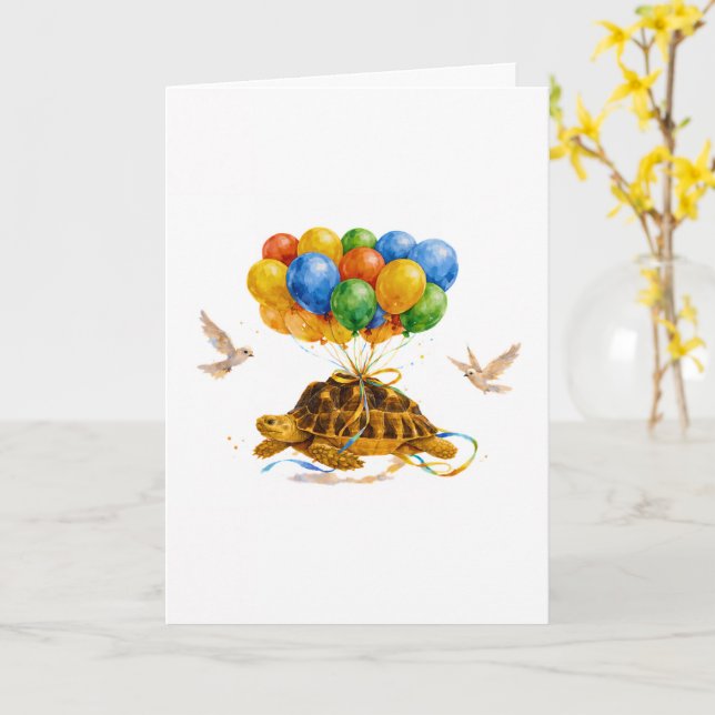 Happy Birthday flying Sulcata turtle with balloons Card (Yellow Flower)
