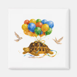 Happy Birthday flying Sulcata turtle with balloons Magnet