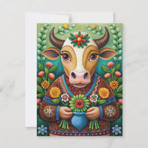 Happy birthday folk art cow postcard