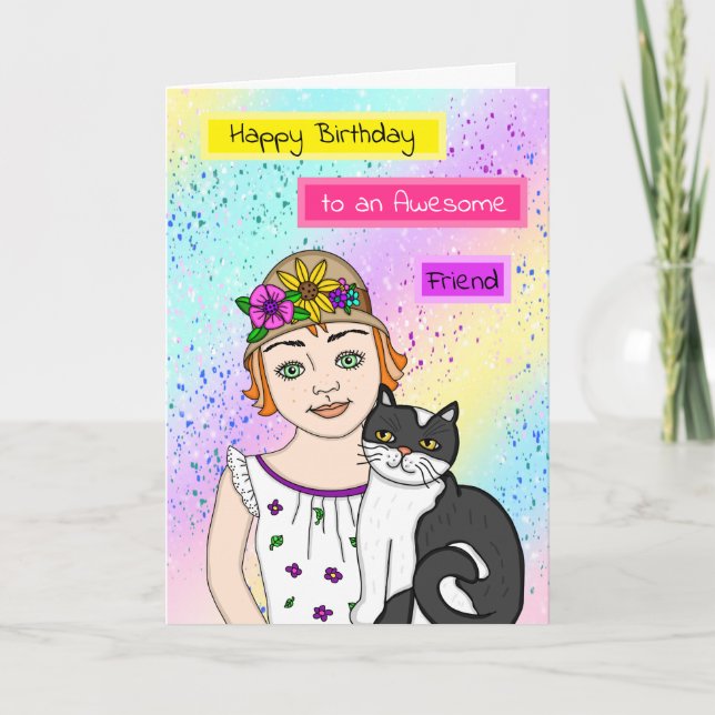 Happy Birthday | Folk Art Girl and Cat   Card (Front)