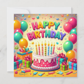 Happy Birthday for Kids - Colourful Balloons Cake Invitation