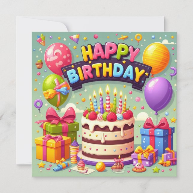 Happy Birthday for Kids - Colourful Balloons Cake Invitation (Front)