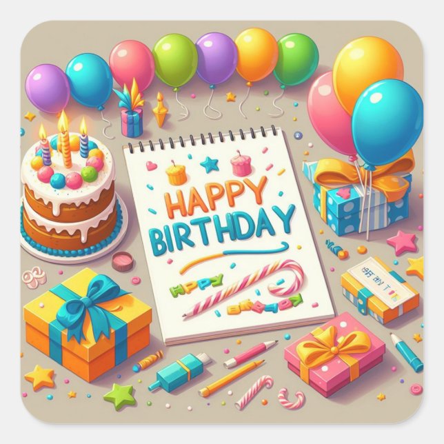 Happy Birthday for Kids - Colourful Balloons Cake Square Sticker (Front)
