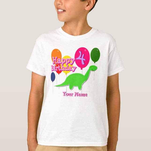 Happy Birthday Four Years Balloon Dinosaurs TShirt (Front)