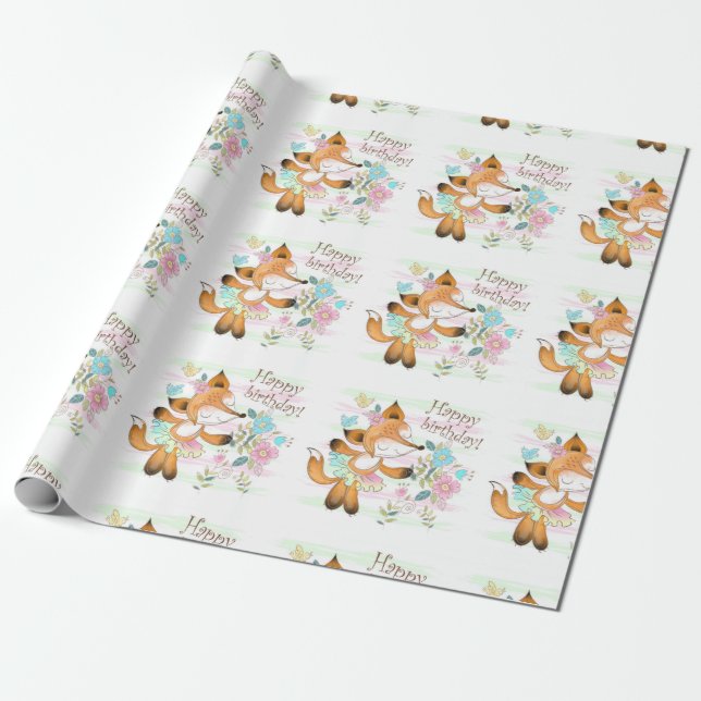 Happy Birthday Fox And Flowers Wrapping Paper (Unrolled)