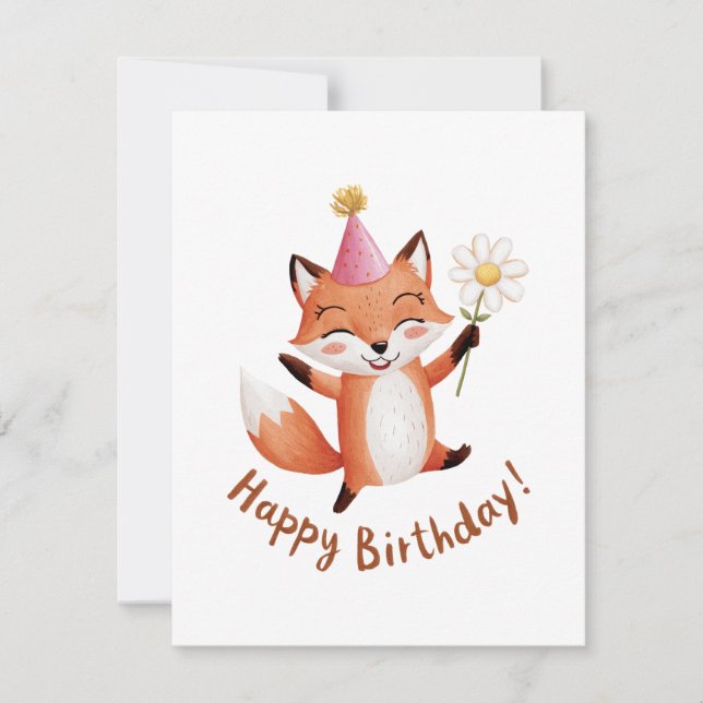 Happy Birthday Fox with Daisy and Party Hat Holiday Card (Front)