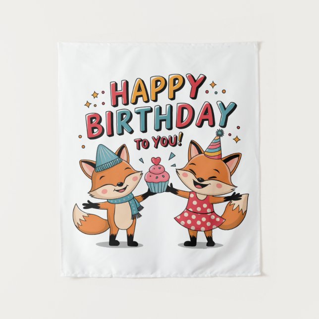 Happy Birthday Foxes Tapestry (Front)