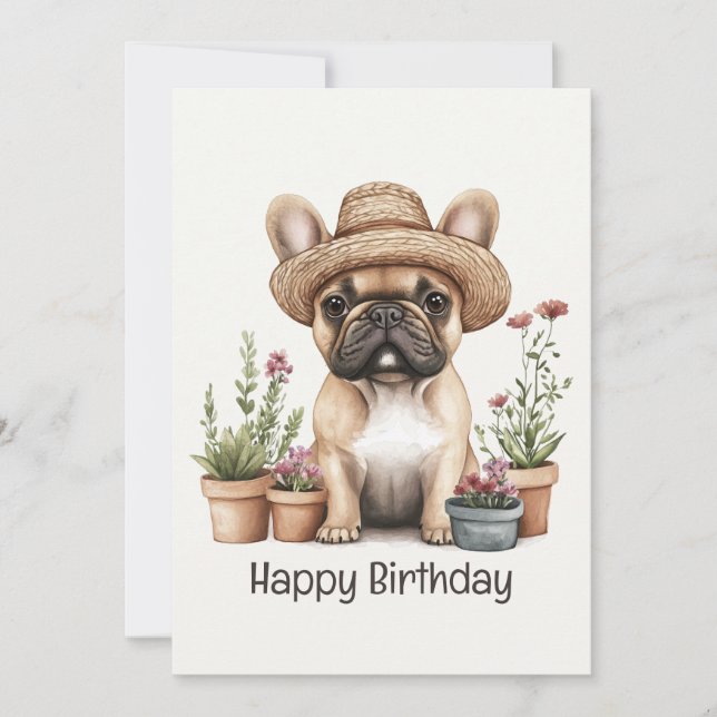 Happy Birthday French Bulldog Gardening Flower Pot Card (Front)
