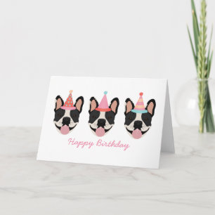 Happy Birthday French Bulldog Party Hats Pink Card