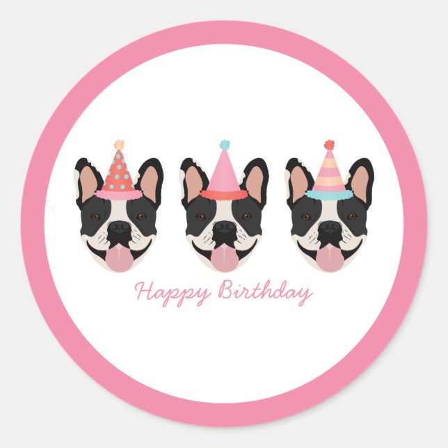 Happy Birthday French Bulldog Party Hats Pink Classic Round Sticker (Front)