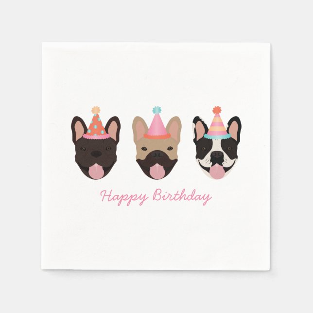 Happy Birthday French Bulldog Party Hats Pink Napkin (Front)