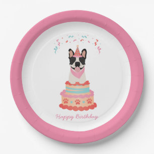 Happy Birthday French Bulldog Party Hats Pink Paper Plate